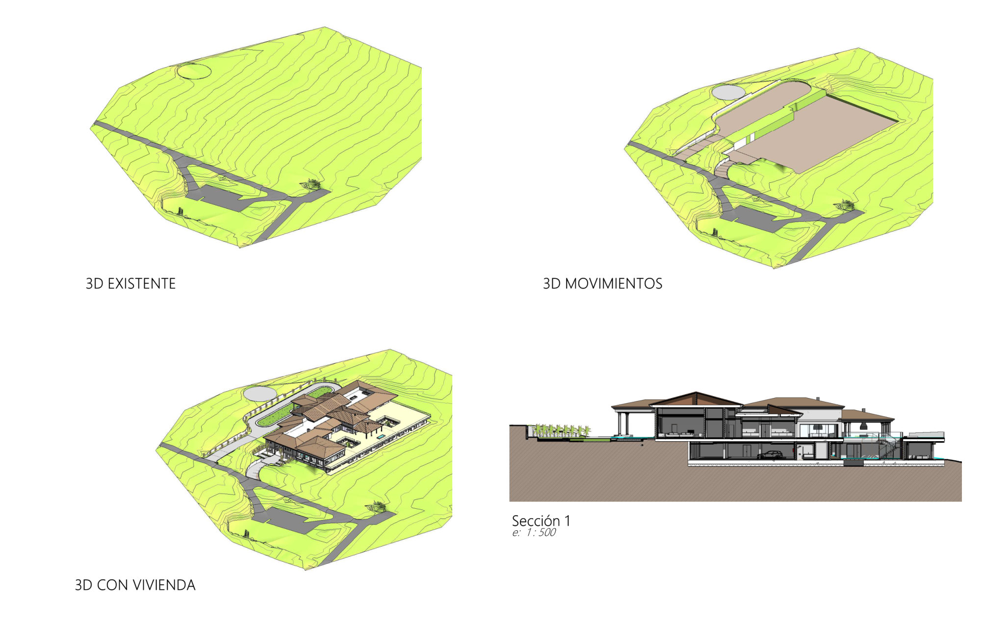 Movimiento de tierras. Terreno existente, plataformas y vivienda · modelo 3D