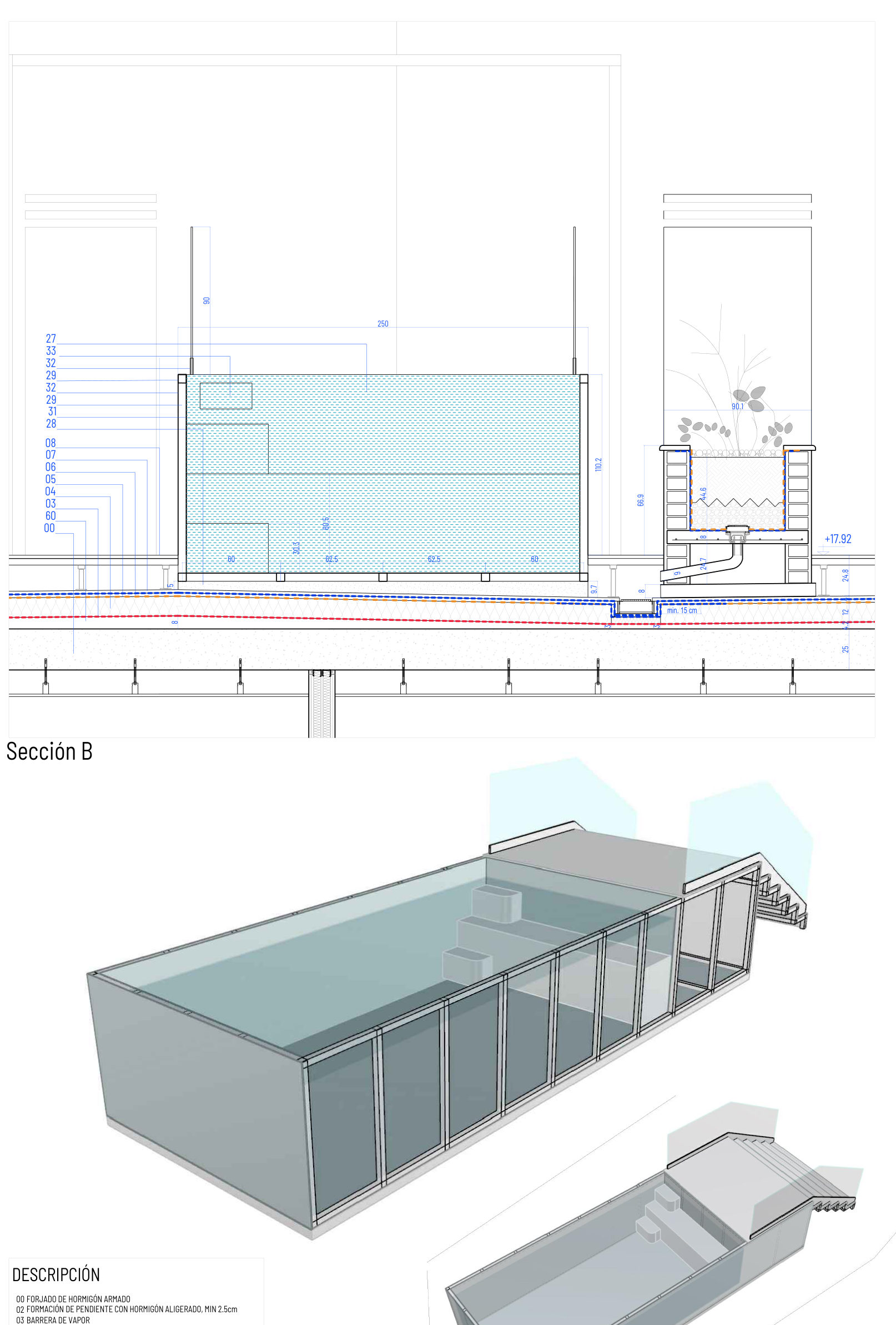 Piscina en cubierta. Sección constructiva y modelo 3D