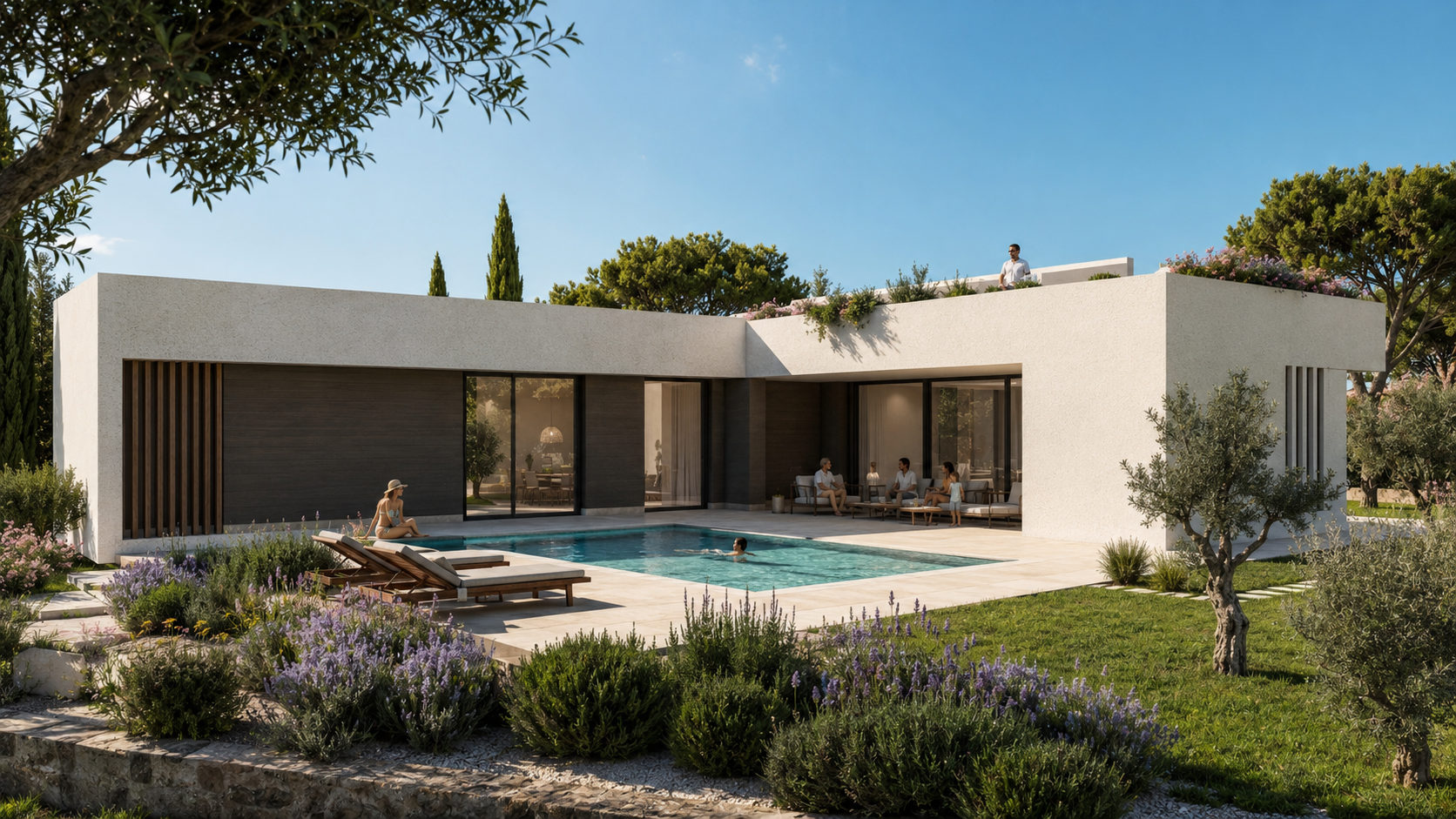 Render: Vivienda en una planta, Porche y piscina